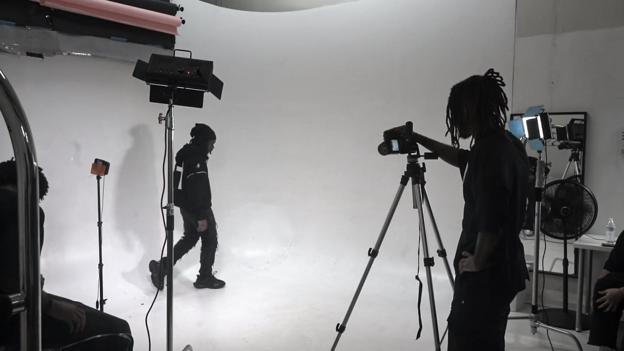 Studio setting with camera equipment and people working on a project.