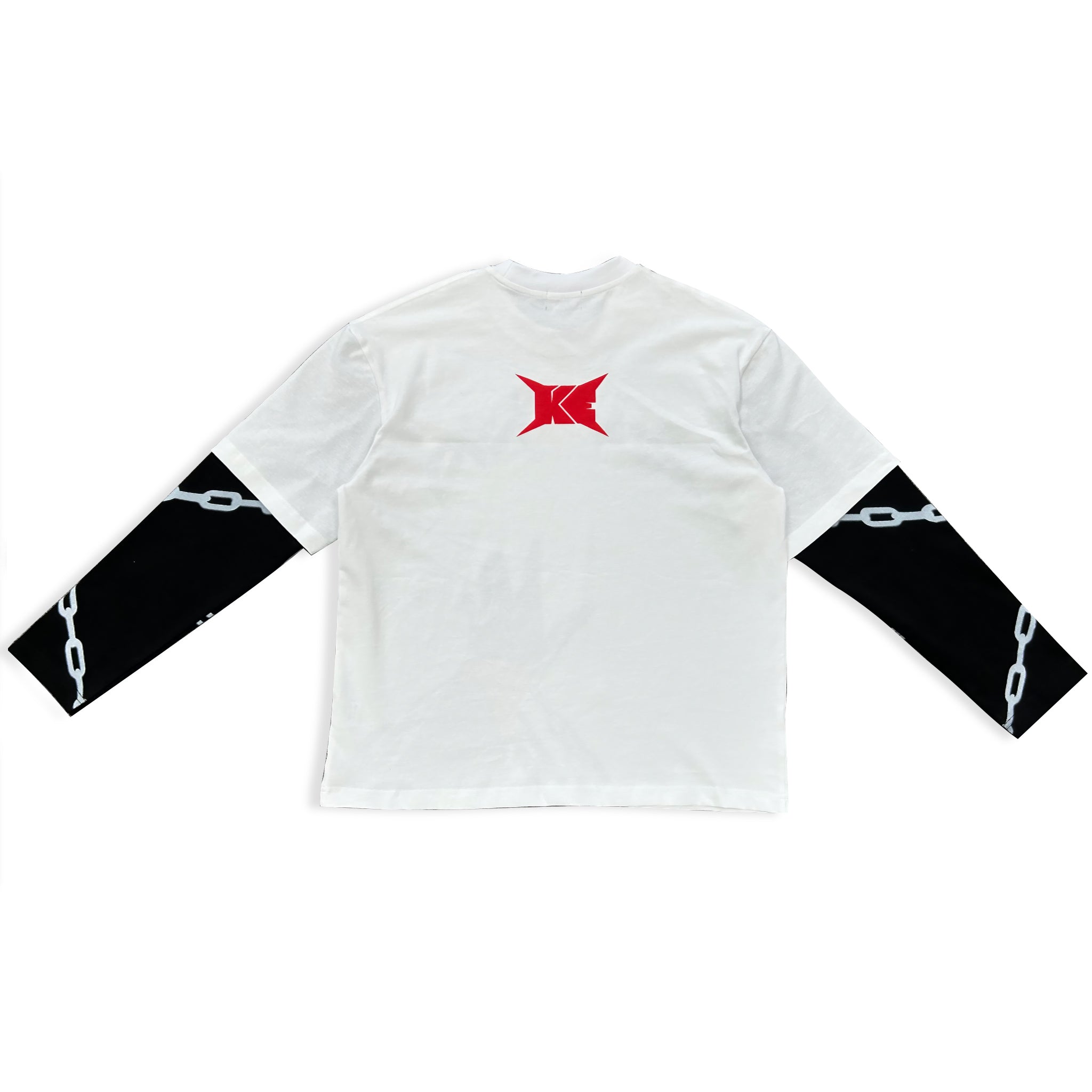 White long-sleeve shirt with black arm sleeves and red logo on a white background