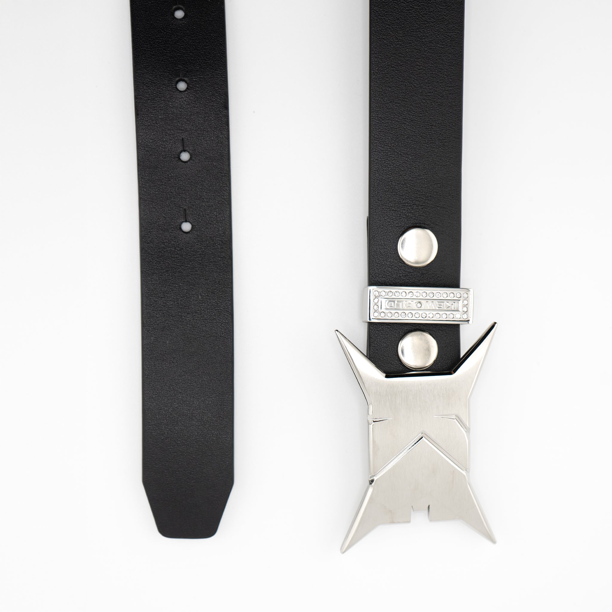 Black belt with a silver star-shaped buckle on a white background
